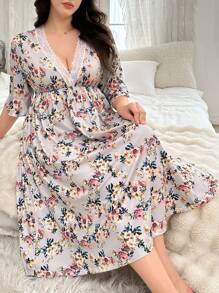 SHEIN Plus Size Lace Trim V-Neck Floral Pattern Sleep Dress, Cozy Outfit, Fall & Winter - Multicolor - View 1