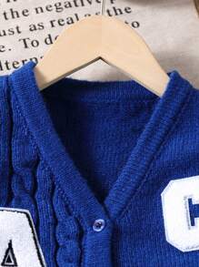 SHEIN Young Boy V-Neck Cable Cable & Letter Applique Button Front Long Sleeve Cardigan - Royal Blue - View 4