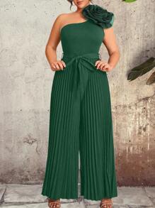 Celure 大码女式优雅纯色褶皱花卉装饰不对称肩带环连体裤，时尚设计