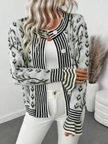 SHEIN LUNE Striped Print Front Button Casual Knit Long Sleeve Cardigan Fall Cloth For Women - Multicolor - View 1