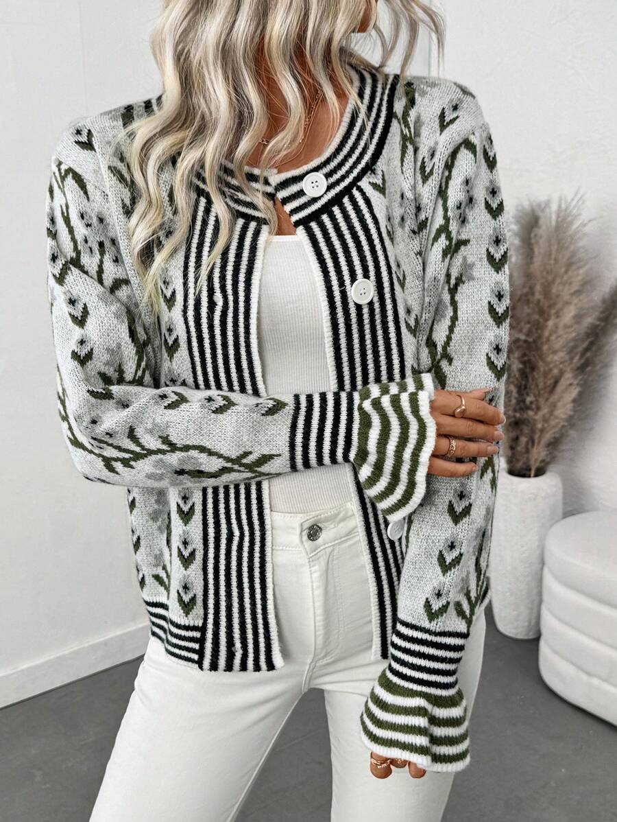 SHEIN LUNE Striped Print Front Button Casual Knit Long Sleeve Cardigan Fall Cloth For Women - Multicolor - View 1