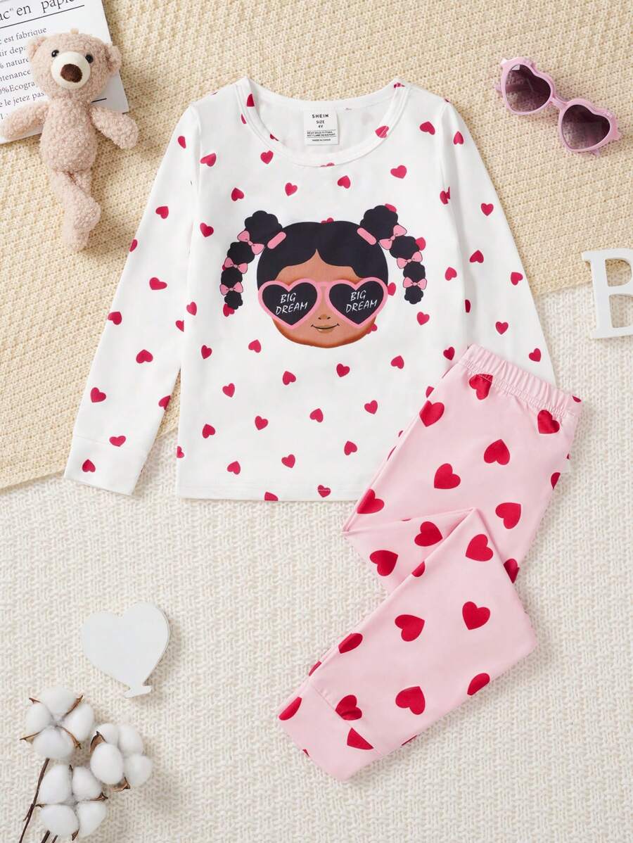 2 Stücke Set aus afrikanisch bedruckter Herz-Grafik Leggings und eng anliegendem Langarm-Homewear im Street-Fashion-Stil für Kleine Mädchen in Schwarz-Weiß