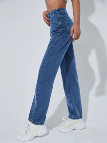 SHEIN PETITE Dames Hoge Taille Zakken Rechte Pijp Losse Casual Veelzijdige Denim Jeans