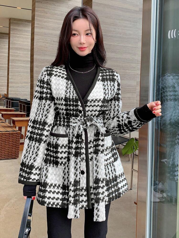 1 pieza Chaqueta sencilla con bolsillo y manga larga con lazo para mujer, uso casual diario, ropa de mujer a cuadros para otoño