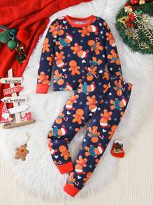 2 sztuki dla młodych dziewcząt w stylu świątecznym, wzór naleśnika, długi rękaw, top i spodnie, obcisły, dopasowany zestaw bielizny nocnej - Królewski Niebieski - Zobacz 1