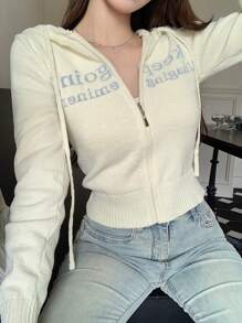 DAZY 女士字母提花针织连帽开衫，秋季女装 - 白色 - 查看 2