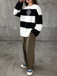 FRIFUL 女士秋冬撞色圆领落肩长袖休闲针织毛衣