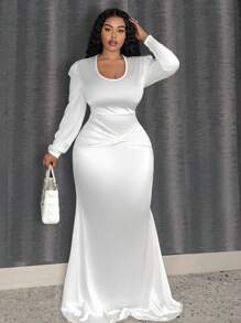 Slaydiva Đầm dự tiệc sang trọng cổ chữ V tay dài cho nữ cỡ lớn - trắng - Xem 2