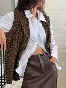 DAZY Áo thun nữ không tay cài nút phía trước họa tiết da báo tối giản thường ngày, trang phục mùa thu, trang phục công sở trở lại trường - Cà phê nâu - Xem 4