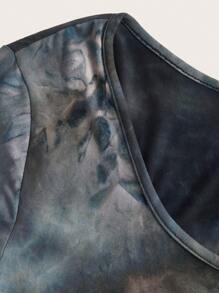 SHEIN EZwear Plus Size Winter Tie-Dye Print Round Neck Long Sleeve Maxi Slit Dress - Black - View 3