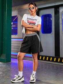 SHEIN Sports 1 件女式纯色拼接简约运动短裤，休闲日常穿着