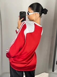 SHEIN ICON 超大号拼色印花 V 领女式运动衫 - 紅色 - 查看 2