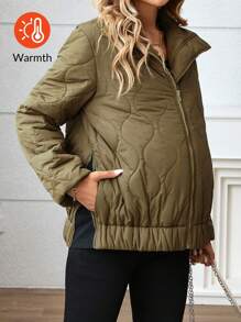 SHEIN Collar Long Sleeve Front Zipper Maternity Coat, Winter Outerwear, Warm And - Green - View 7