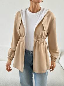 SHEIN Essnce Damen und Mutter-Kind Jacke in Khaki, lässiger Reißverschluss Kapuzenpullover aus warmem Fleece für den Outdoor-Bereich, modische lässige Kapuzenjacke mit Taillenzugband und thermisch gefüttertem Umschlagdetail zum Warmhalten, Herbst/Winter