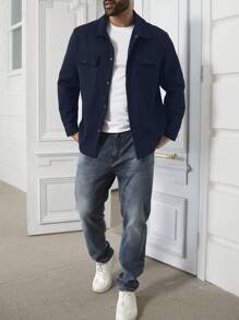 Manfinity Homme Plus Size Men's Solid Color Long Sleeve Single Breasted Utility Pocket Casual Jacket For Autumn/Winter