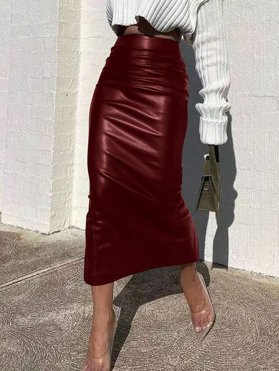 Women's Solid Color Minimalist A-Line Skirt, Casual Daily Wear - Burgundy - View 1