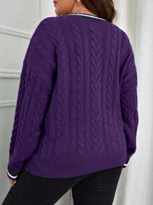 Calvaya 加大码撞色条纹饰边V领长袖套头毛衣，适合冬季秋季穿着。 - 紫色 - 查看 2