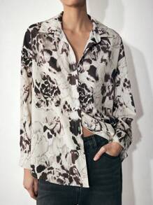 Maija 女士休闲衬衫领扣式长袖印花衬衫，简约时尚百搭，适合日常穿着，早春 - 黑色 - 查看 3