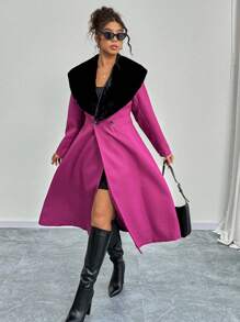 SHEIN Unity Women Plus Size Colorblock Fluffy Collar Double-Breasted Long Overcoat, Autumn/Winter Fall Cloth For Women - Purple - View 2