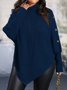 EMERY ROSE Plus Size Women Solid Color Turtleneck Batwing Sleeve Casual Sweater For Autumn And Winter Knit Pullover Fall - Royal Blue - View 1