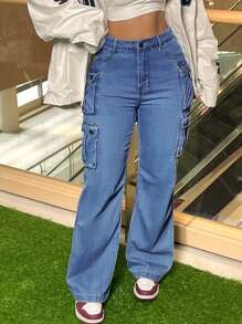 Stylish Vintage Chic Y2K Cargo Pants - High-Waisted, Wide-Leg, Pocketed, Comfortable, Casual, Street-Stylish Denim Trousers For The Curvaceous Woman