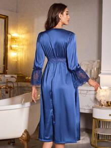 蕾丝拼接深V领性感收腰仿丝女士睡裙，秋冬款 - 藏蓝色 - 查看 4