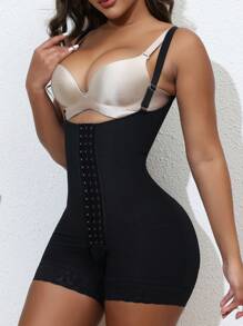 1pc Women's Fashion Elastic Lace Patchwork Front Button Jumpsuit - Black - View 4