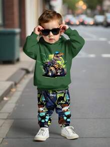 SHEIN 男婴休闲简约宽松舒适酷炫时尚恐龙印花柔软针织连帽衫和裤子套装，适合秋冬季 - 彩色 - 查看 2