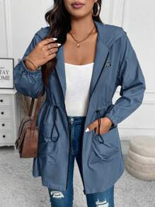 SHEIN LUNE Abrigo con capucha de unicolor y cordón en la cintura, ropa de mujer de otoño, Año Nuevo, invierno y fiestas para mujer de talla grande - Neblina azul - Ver 6