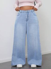 SHEIN ICON Plus Size Women Loose Pocket Embroidered Washed Casual Denim Pants - Light Wash - View 6