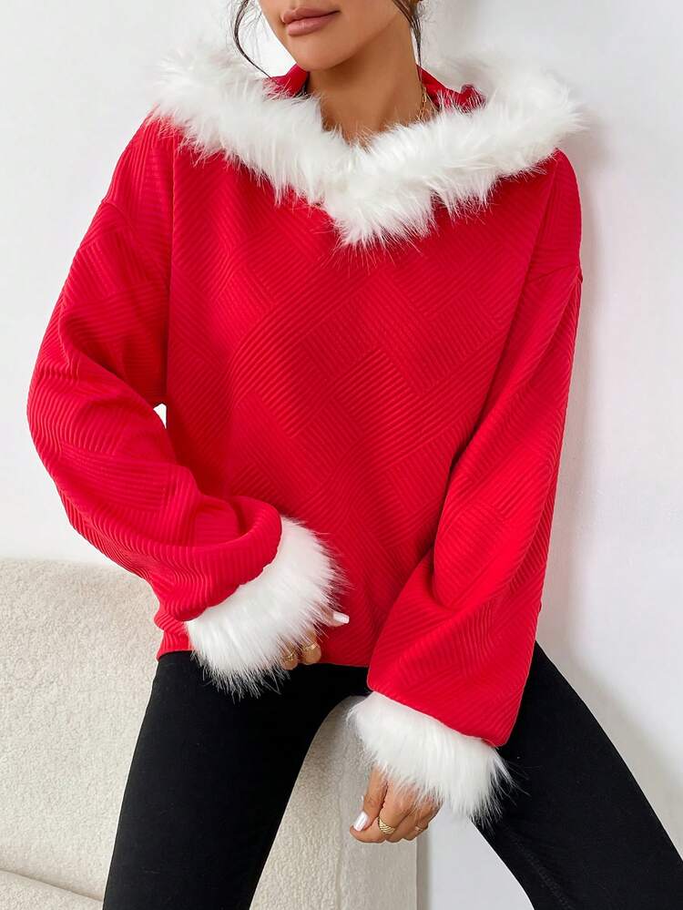SHEIN LUNE 女士毛绒圣诞毛绒领口袖口套头衫，四季皆宜，温暖宜人 - 紅色 - 查看 4