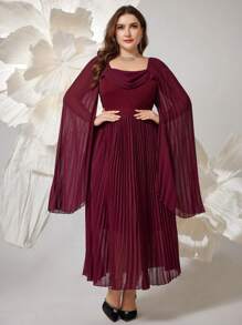 Modelyn Elegant Plus Size Pleated Poncho Sleeve Midi Dress