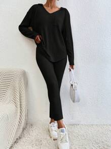 SHEIN Cottnline Cotton Ribbed Knit Drawstring Hooded Tee & Leggings - Black - View 5