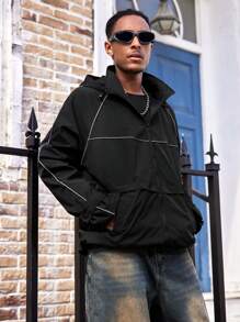 Manfinity Dauomo Veste décontractée et ample avec détail réfléchissant, veste à capuche zippée à manches longues, style streetwear pour l'automne et l'hiver - Noir - Voir 1