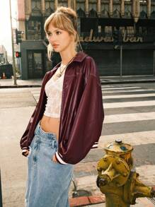 SHEIN EZwear Drop Shoulder Long Sleeve Zip Up Red PU Leather Jacket - Burgundy - View 5