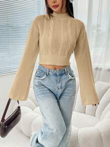 SHEIN EZwear Black Mock Neck Trumpet Sleeve Crop Sweater - Apricot - View 4