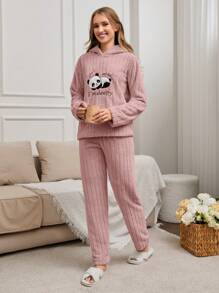 SHEIN Cottnline 2Pcs Plush Panda Embroidery Detail PJ Set - Dusty Pink - View 4