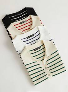 BizChic 女士帶領口紐扣條紋針織毛衣 - 彩色 - 查看 4