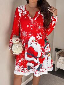 SHEIN LUNE Đầm thường ngày dài tay chữ A họa tiết ông già Noel cỡ lớn cổ chữ V trang trí nút - Nhiều màu - Xem 6