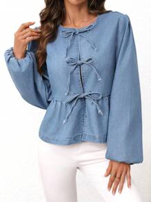 SHEIN Essnce 1 件女士休闲日常前系带灯笼袖牛仔衬衫，秋季