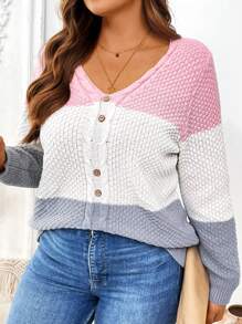 SHEIN LUNE Plus Size V-Neck Button Casual Contrast Color Long Sleeve Knitted Sweater Top, Fall Winter - Multicolor - View 3