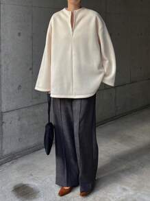 FRIFUL 女士纯色半拉链休闲长袖T恤，带保暖内衬，冬季 - 米色 - 查看 2