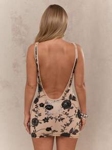 MISSGUIDED Floral Pattern Backless Big Scoop Neck Bodycon Short Tank Dress - Apricot - View 2