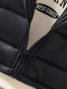 SHEIN Genkimix Kids 3 件套年轻男孩时尚休闲保暖套装：加厚无袖背心、美式字母连帽运动衫、运动休闲运动裤，秋冬 - 黑色 - 查看 6