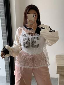 Dazy Petite Plus Top da donna taglie forti con scollo a V, patchwork a contrasto, pizzo trasparente e stampa numerica, maniche lunghe, per uscire e scuola - Albicocca - Visualizzare 7