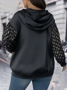 SHEIN LUNE 大码女式连帽镂空长袖套头卫衣 - 黑色 - 查看 2