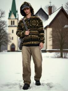 Manfinity VCAY Men Retro Knitted Casual Pattern Loose Fit Hooded Long Sleeve Jacket, For Fall Winter - Army Green - View 1