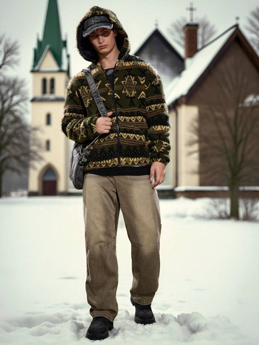 Manfinity VCAY Men Retro Knitted Casual Pattern Loose Fit Hooded Long Sleeve Jacket, For Fall Winter - Army Green - View 1