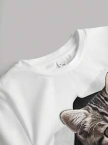 SHEIN Girlism 少女合身白猫印花图案长袖圆领 T 恤，可爱 Y2K 返校风格 - 白色 - 查看 3