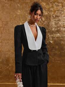 COSMINA Women's Casual Commuter Contrast Color Double-Breasted Shirt For Autumn - Black and White - View 4